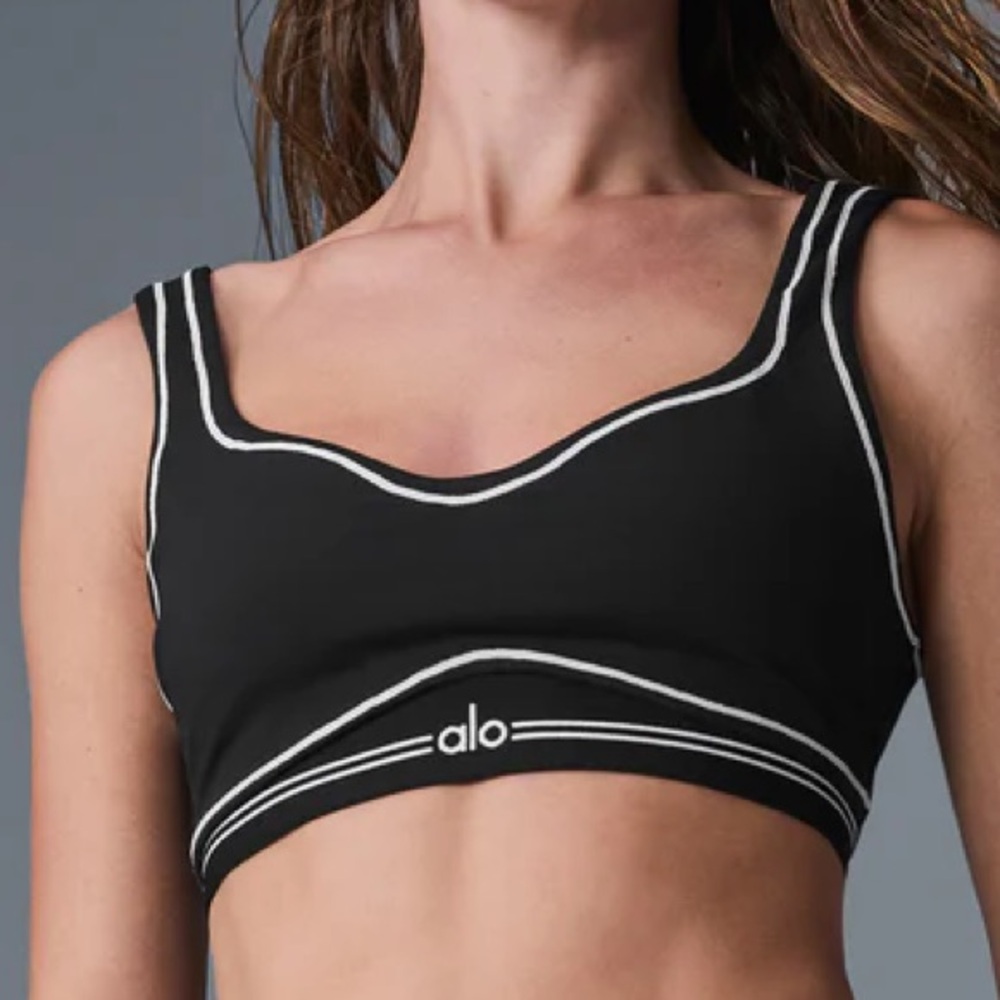 Alo black with white trim sports bra
